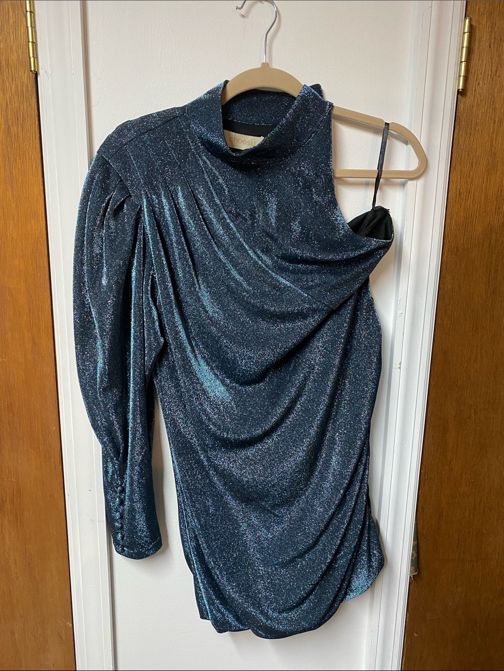 One-Shoulder Shimmery Blue Metallic Dress by Choosy